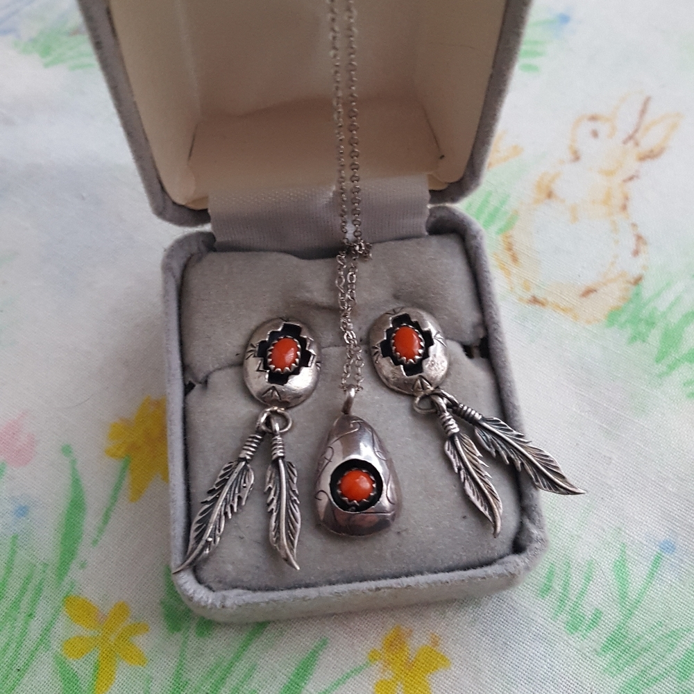 🌙Vintage Sterling Silver Red Coral Feather Earrings Necklace Set Signed P